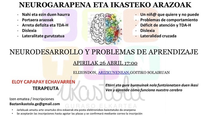 Baztan Ikastolak neurogarapenari buruzko solasaldia antolatu du
