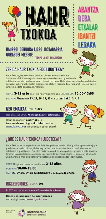Bortzirietako Berdintasun Zerbitzuak Haur Txokoa antolatuko du Gabonetan