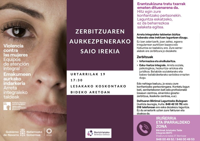 Genero indarkeriaren Biktimak Artatzeko Talde Integralaren aurkezpena eginen dute ortzegunean Lesakan