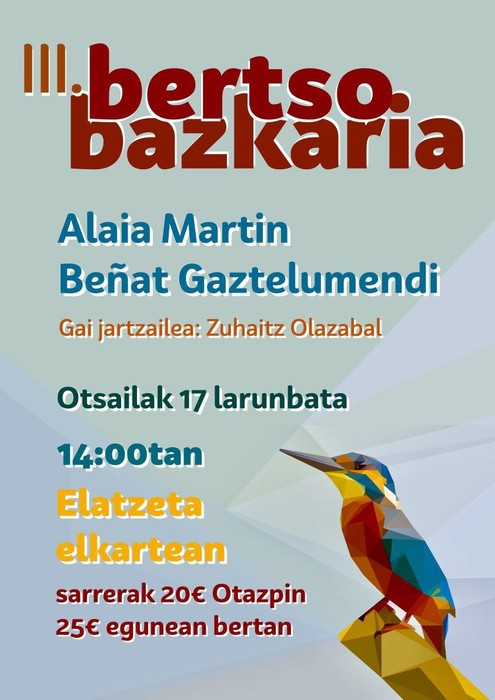 Alaia Martin eta Beñat Gaztelumendik bertso bazkaria eskainiko dute Elatzeta elkartean