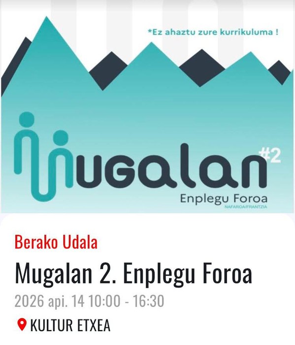 Apirilaren 14an MUGALAN proiektuaren Tokiko Enplegu Azoka bisitatzeko aukera izanen da Beran