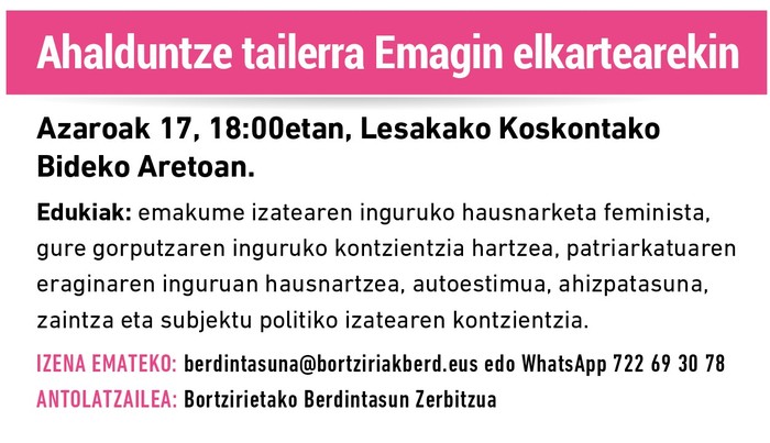 Ahalduntze tailerra eginen dute Lesakan bihar