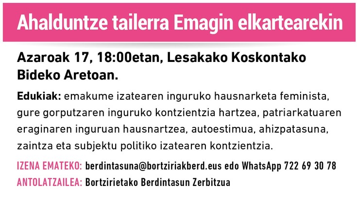 Ahalduntze tailerra eginen dute Lesakan bihar
