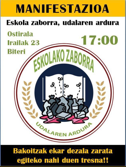 Garbitzaileen gatazkan konponbidea exijituko dute bihar kalean, eskolako espazioak ixten hasi diren bitartean
